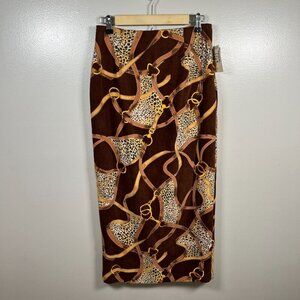Vintage Silk Club Midi Skirt Size 8 Equestrian Brown Leopard Print Modest Work